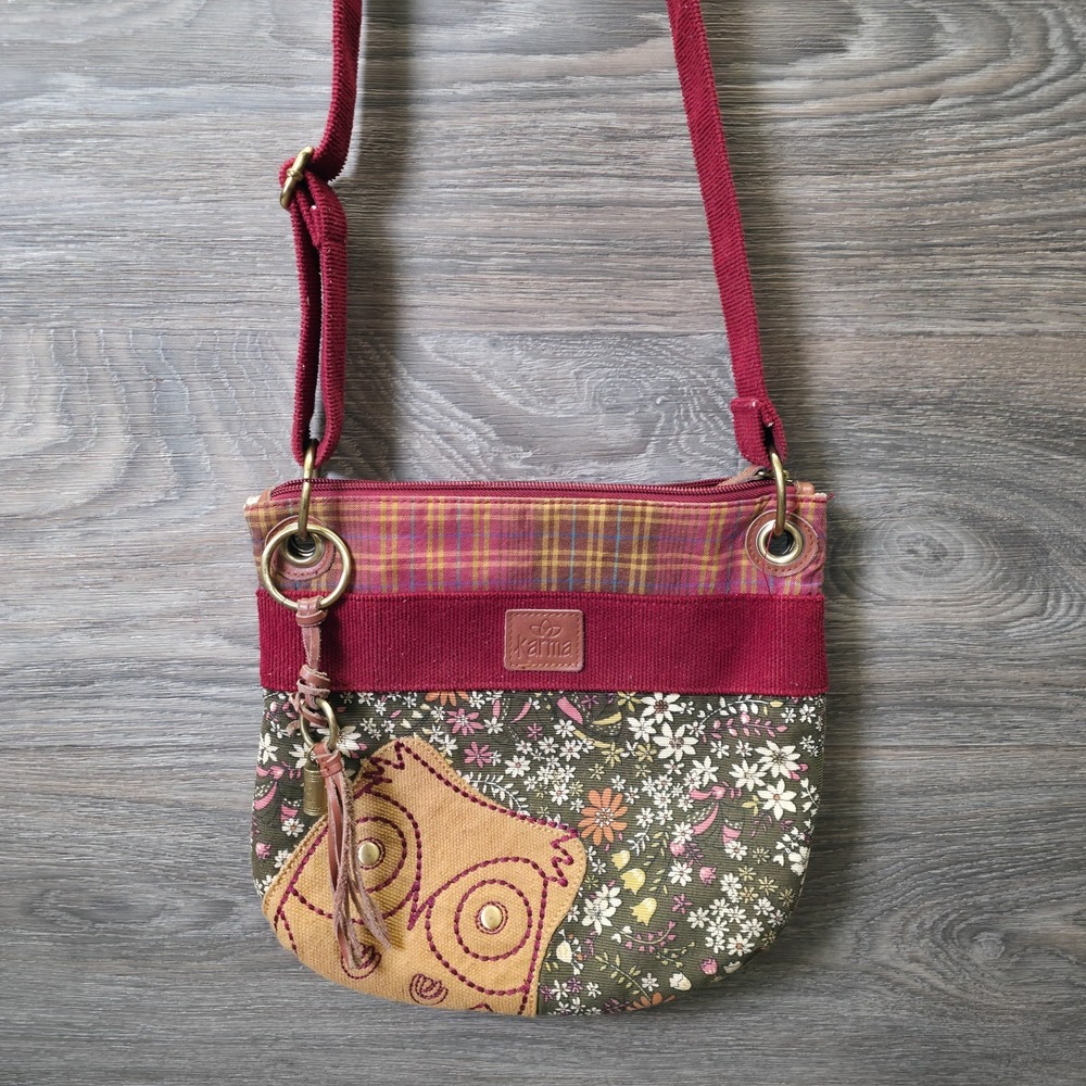 Y2K Karma Crossbody Bag Purse Womens Green Burgundy Floral Plaid Owl Patchwork
